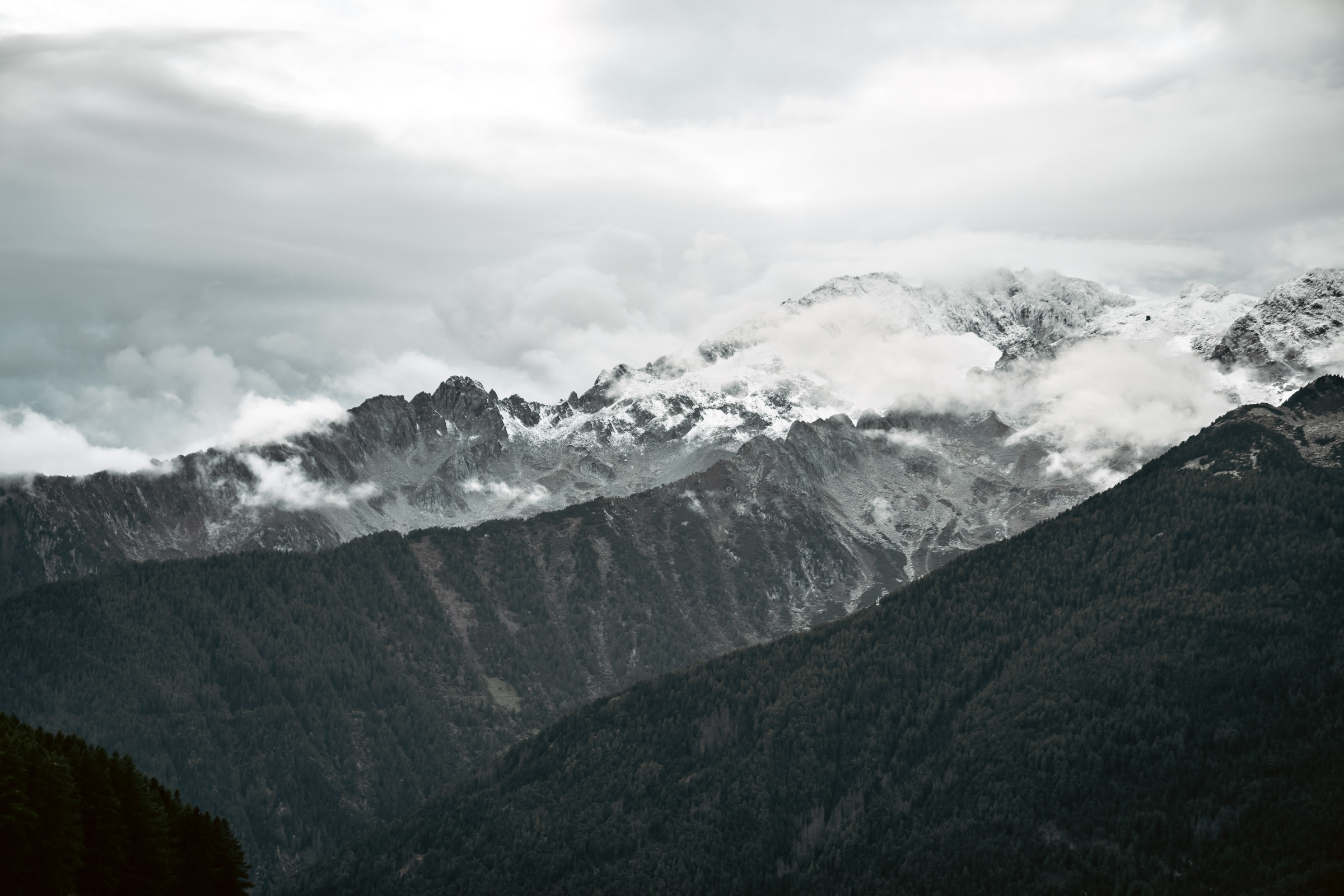 Snow-capped Dolomites rising above a forested ridge under low cloud