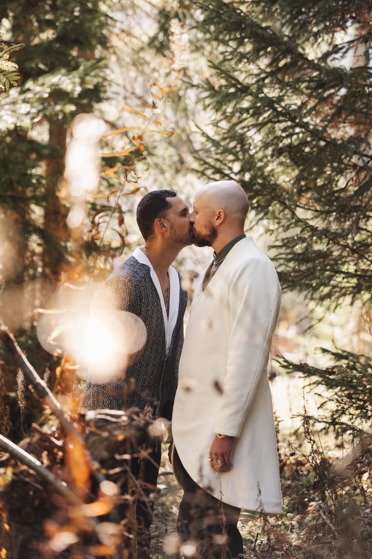 A kiss in the forest in low sun